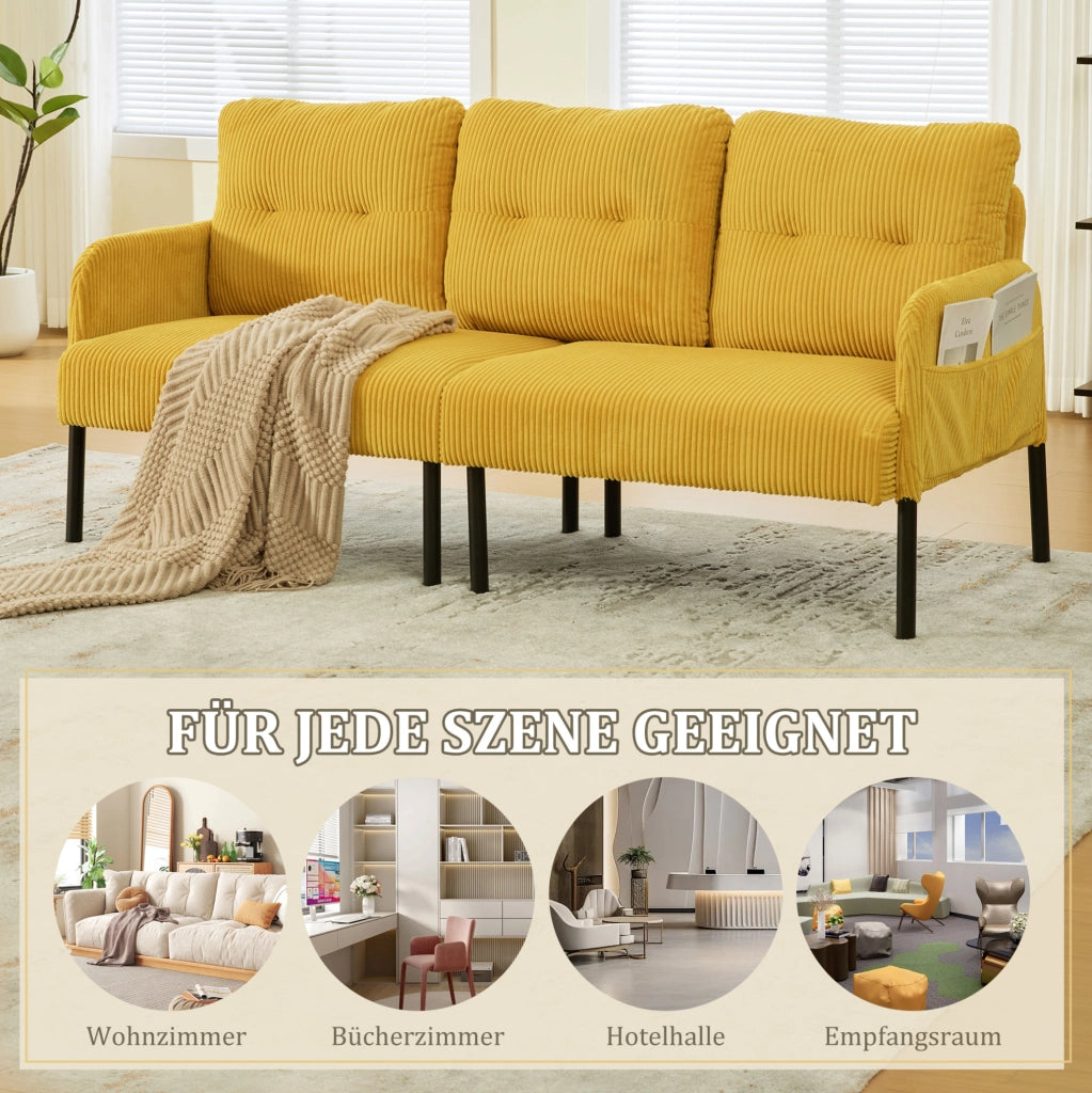 Divano 3 posti in tessuto a coste con schienale alto, tasche laterali e gambe in metallo, dimensioni 171x72x80 cm