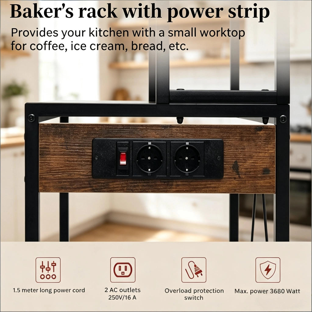 Credenza da cucina alta con 6 ripiani, 6 ganci e 3 prese elettriche per cucina, metallo e truciolare, 60 × 40 × 167 cm