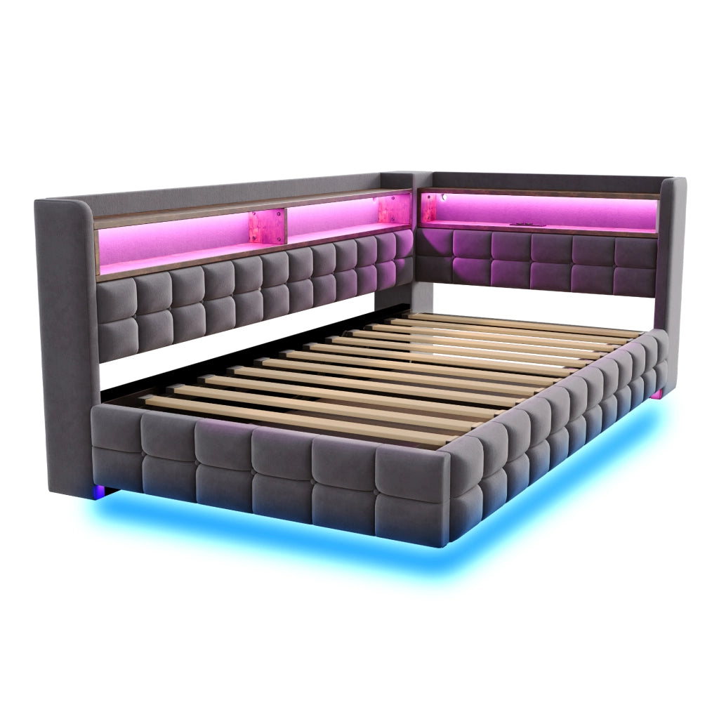 Divano letto imbottito 90x200 cm con vano idraulico; LED; prese USB e Type-C; mensole in legno; velluto grigio