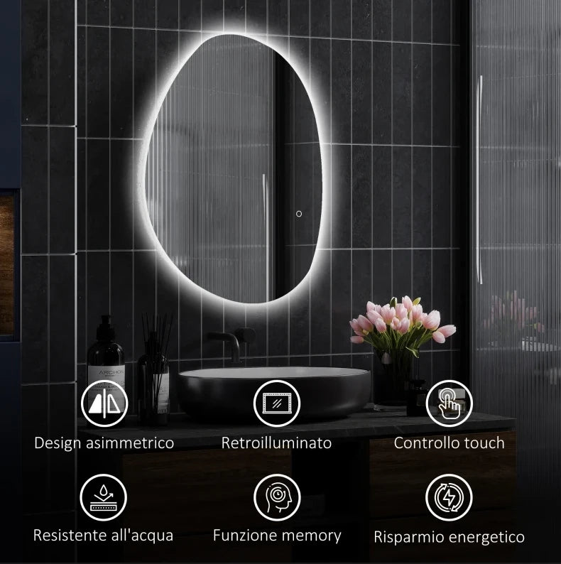 Specchio bagno LED 80x5x60 cm in vetro temperato argentato antiappannamento