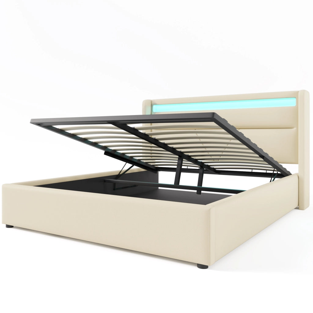 Letto contenitore idraulico imbottito 160x200 cm con luci LED e telecomando, bianco, struttura in PU