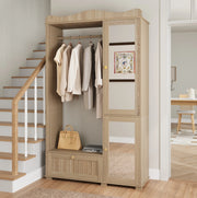 Guardaroba con specchio integrato e appendiabiti aperto in MDF color quercia, 115,5x38,5x194,5 cm
