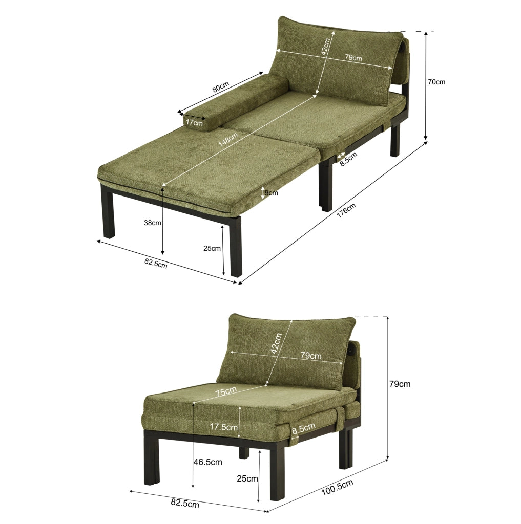 Poltrona letto 2 in 1 100,5x82,5x79 cm verde con porte USB/Type-C, velluto e legno