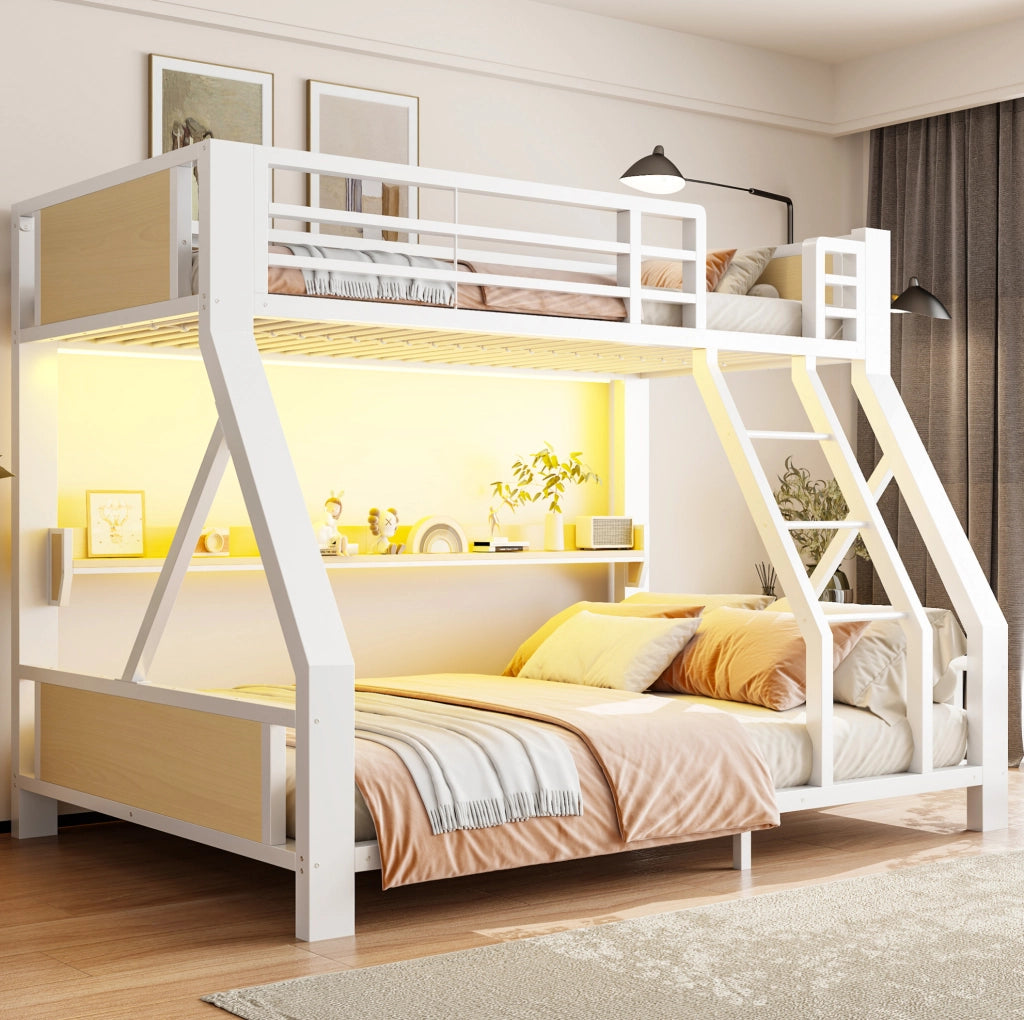 Letto a Castello in Metallo e Legno con LED e Ripiano 90 x 200/140 x 200 cm Bianco - Senza Materasso