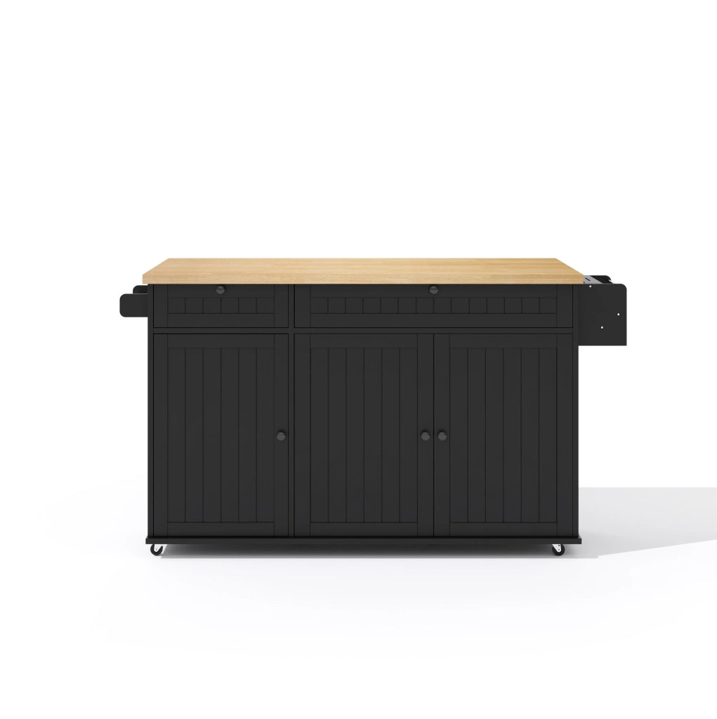 Isola da Cucina con Piano di Lavoro Ribaltabile, Carrello Mobile con 6 Ruote Blocabili, 2 Cassetti Grandi, Scaffale Porta Stoviglie e Armadietto, Nero, 137 x 89,5 x 45 cm