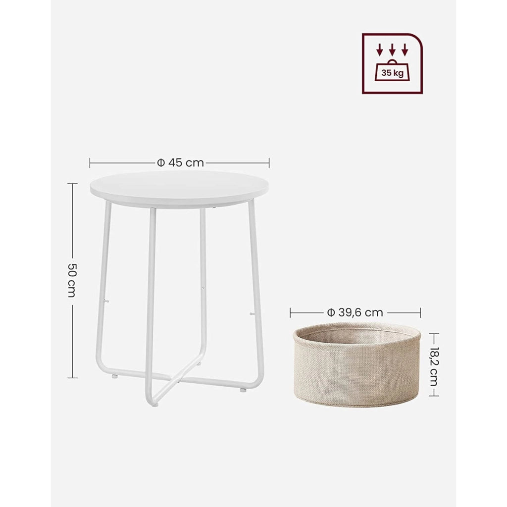 Tavolino da caffè rotondo bianco con cesto portaoggetti beige