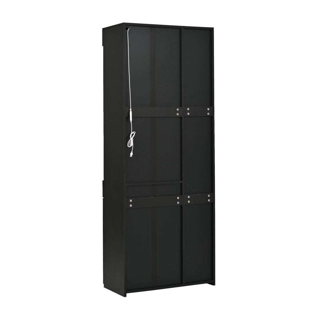 Vetrina nera in pannelli truciolari 70x35x180 cm con LED, due ante, cassetto e ripiani in vetro temperato