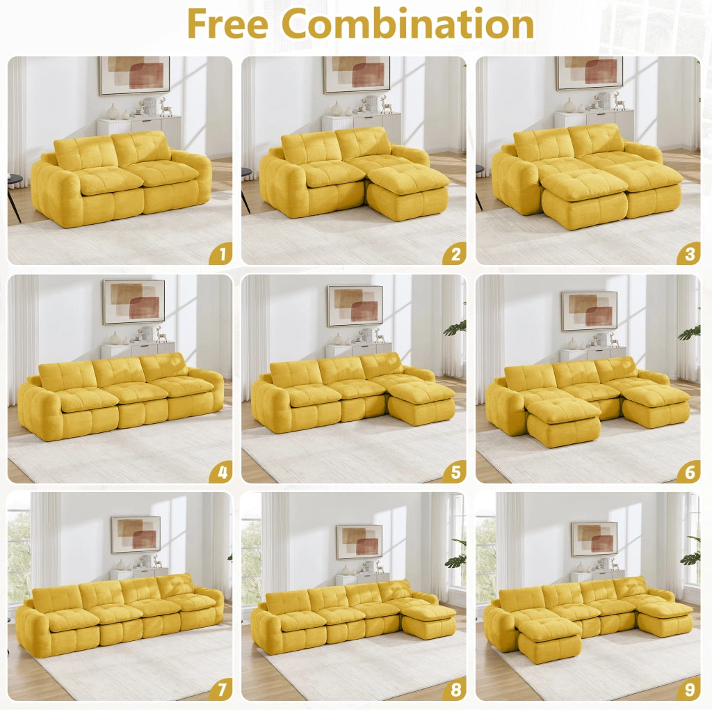 Divano modulare a 2 posti a forma di L in Chenille giallo senza struttura con pouf, ideale per soggiorni e appartamenti