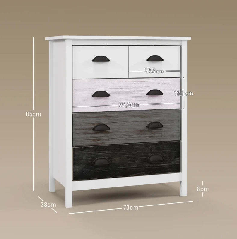 Cassettiera bianca con 5 cassetti e dispositivo anti-ribaltamento 70x38x85 cm per soggiorno e camera da letto