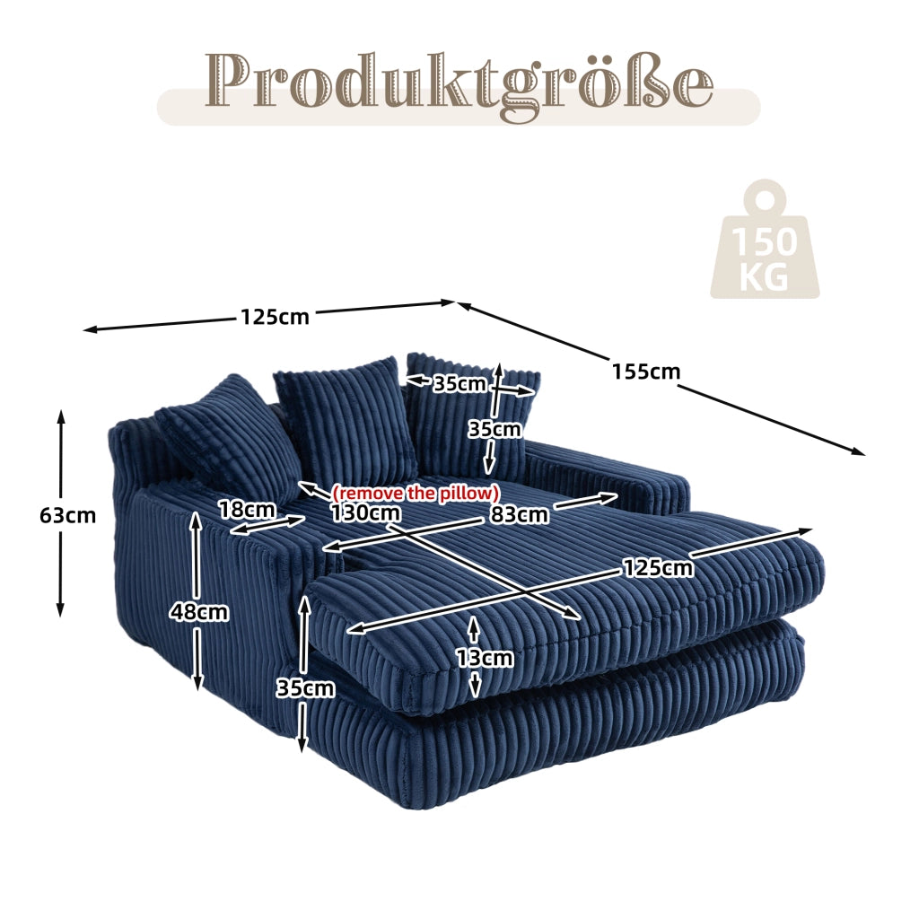 Chaise longue da interno 125x155x63 cm in velluto a coste blu navy con 3 cuscini