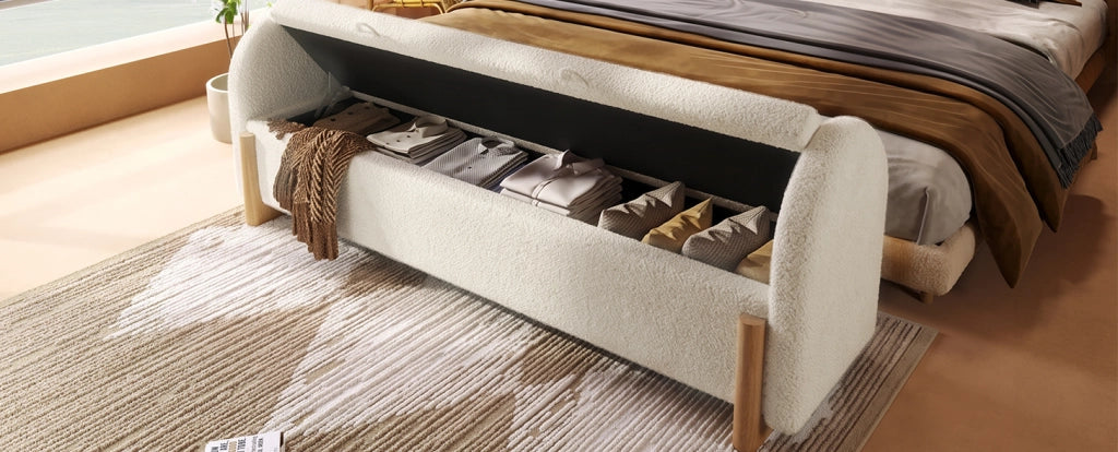 Panca contenitore bianca 186x47x61 cm con tessuto Chenille Bouclé e gambe in legno di gomma, raggio idraulico soft-close, carico max 150 kg