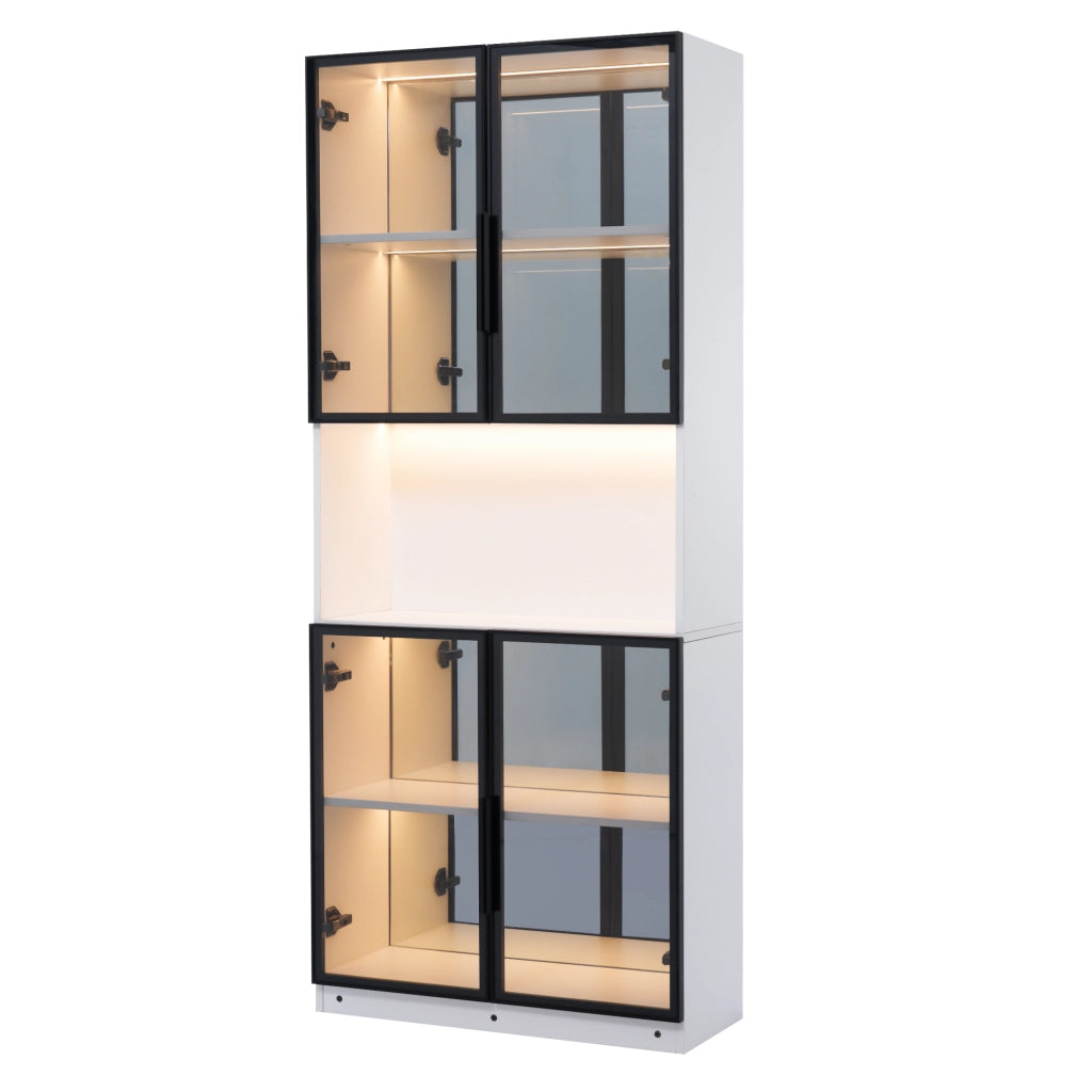 Vetrina a due elementi 140 x 30 x 170 cm con illuminazione LED e ante in vetro grigio; MDF e vetro; bianca