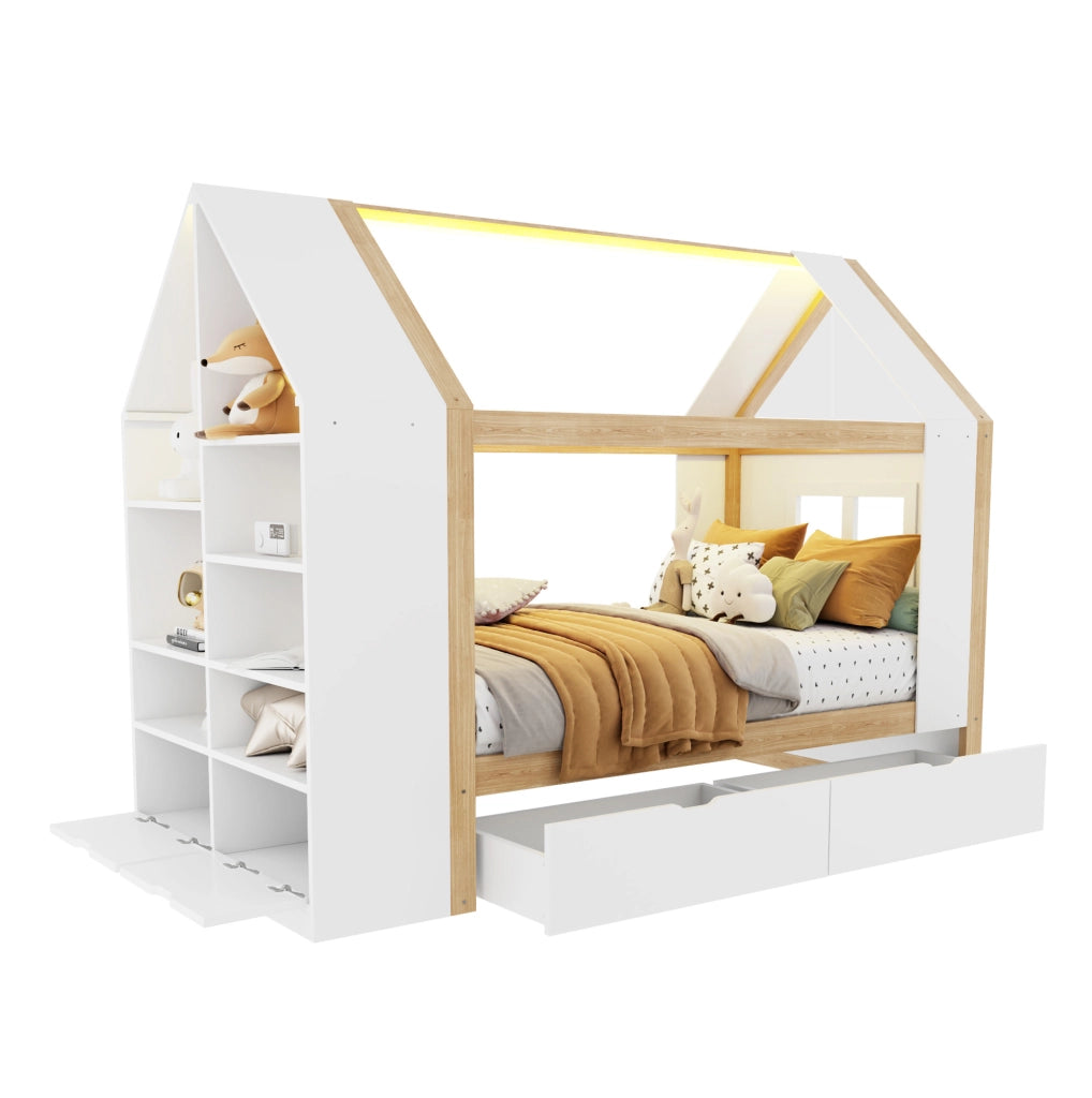 Letto a casetta 90x200 cm con LED, cassetti e ripiani