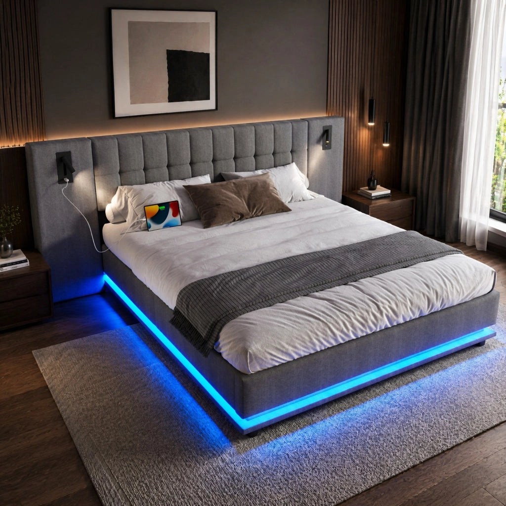 Letto imbottito 180x200 cm in lino grigio con striscia LED, testiera con spot e porta USB, senza materasso