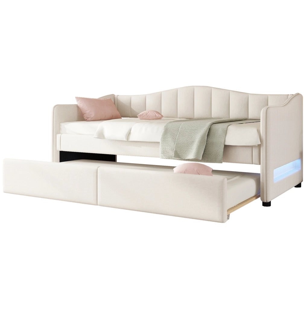 Letto Giorno 90x200 cm con Letto Estraibile, Divano Letto Singolo in Lino Beige Senza Materasso, Illuminazione Ambientale