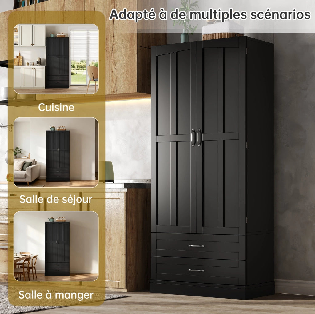 Hochschrank mit 3 Ausziehböden, 2 Schubladen und Doppeltür aus MDF, 180x80x37,5 cm für Küche und Esszimmer