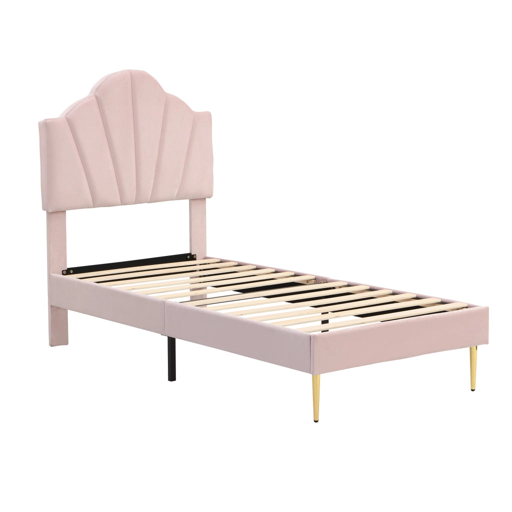 Letto imbottito in velluto rosa 90x200 cm con testiera regolabile e gambe dorate