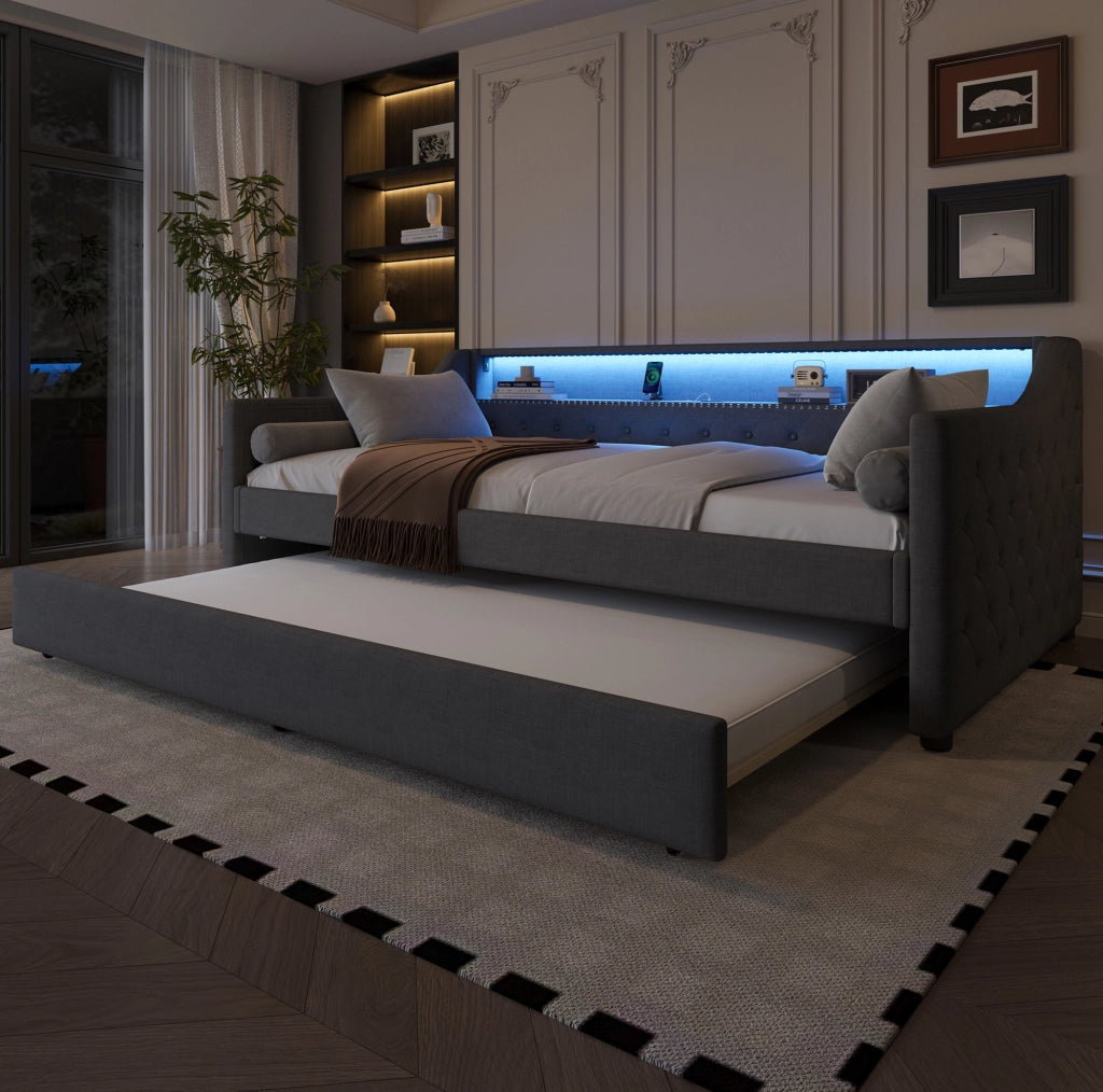 LETTO Divano 90x200 cm in lino grigio con letto estraibile, LED e USB