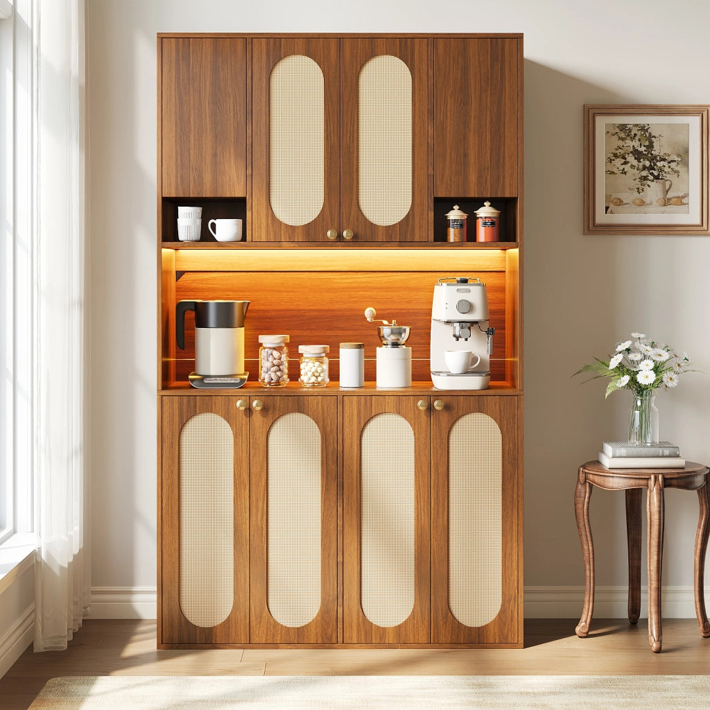 Credenza alta con 8 ante e vano bar aperto con LED regolabile in MDF naturale per sala da pranzo e soggiorno 106 × 40 × 178 cm