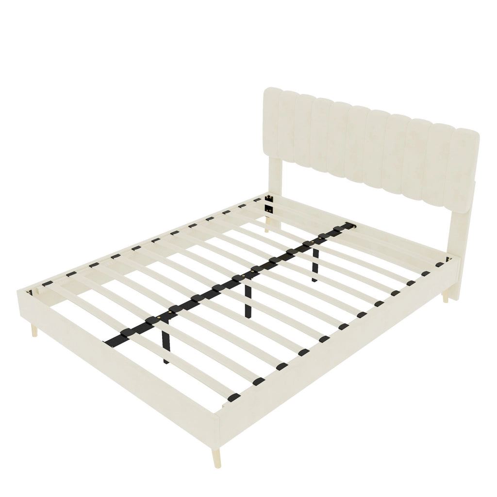 Letto imbottito moderno 160x200 cm beige con testiera morbida e base bassa senza contenitore, materasso incluso