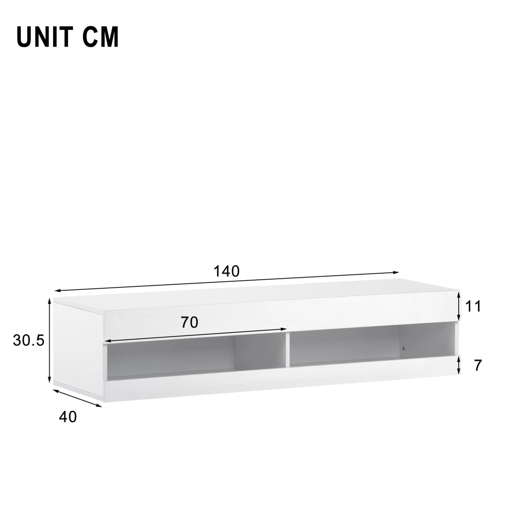Mobile TV sospeso con illuminazione LED e frontali lucidi; 140 x 40 x 30;5 cm; bianco