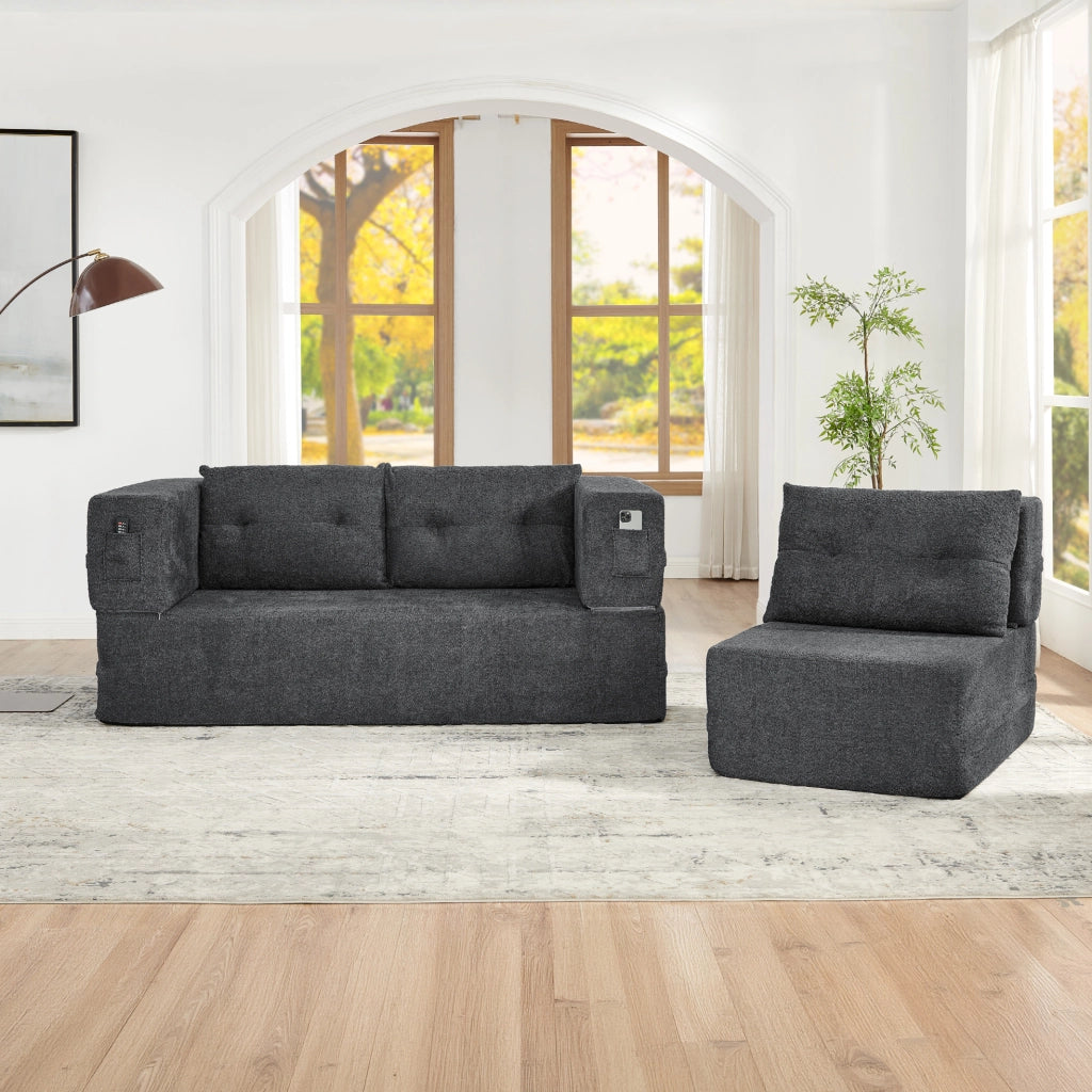 Divano Modulare 2 posti con Poltrona Trasformabile in Letto, Memory Foam, Tessuto Grigio Chiaro, con Tasche Laterali
