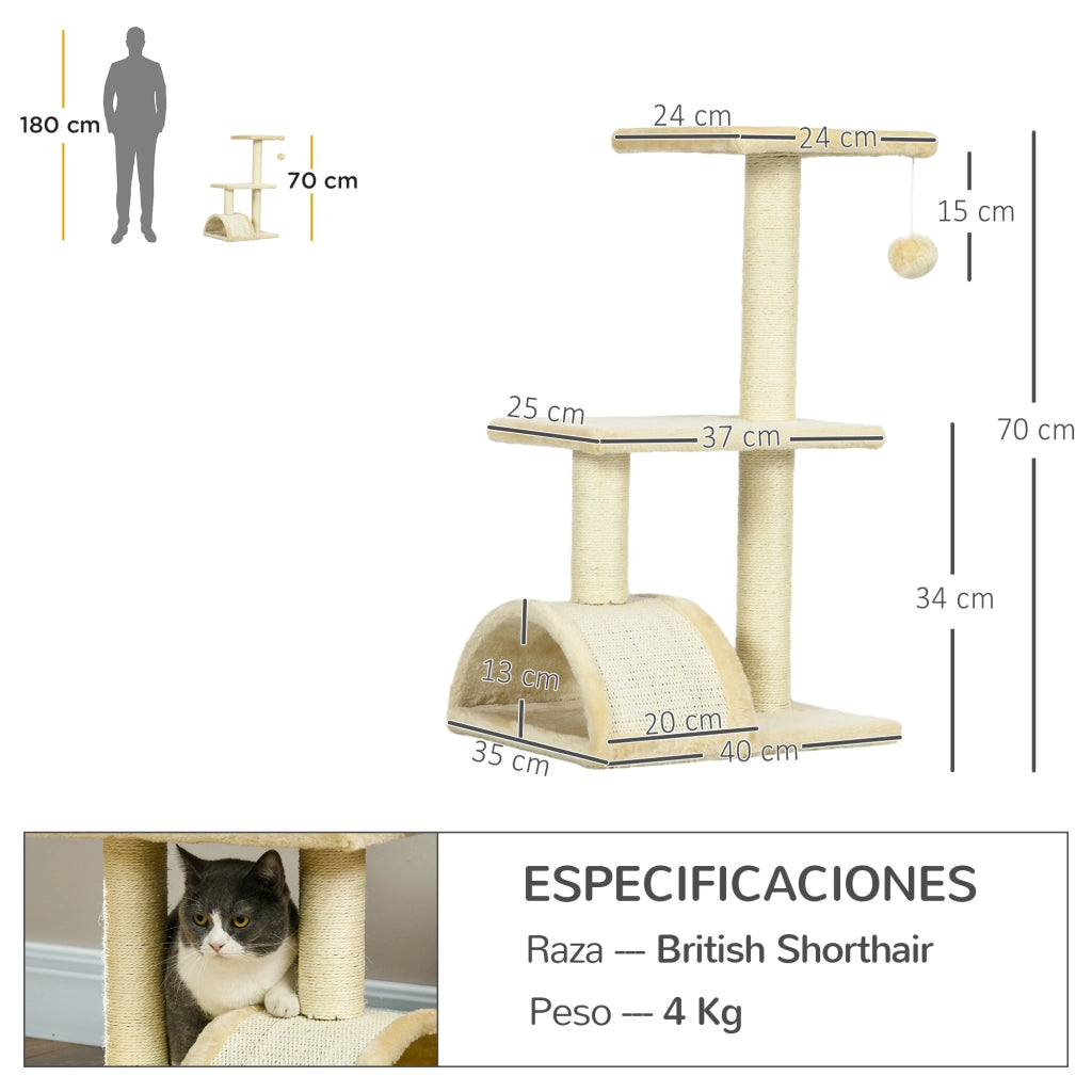 Albero per gatti 3 livelli con palo di sisal e palla sospesa ¨C Minimal ¨C crema
