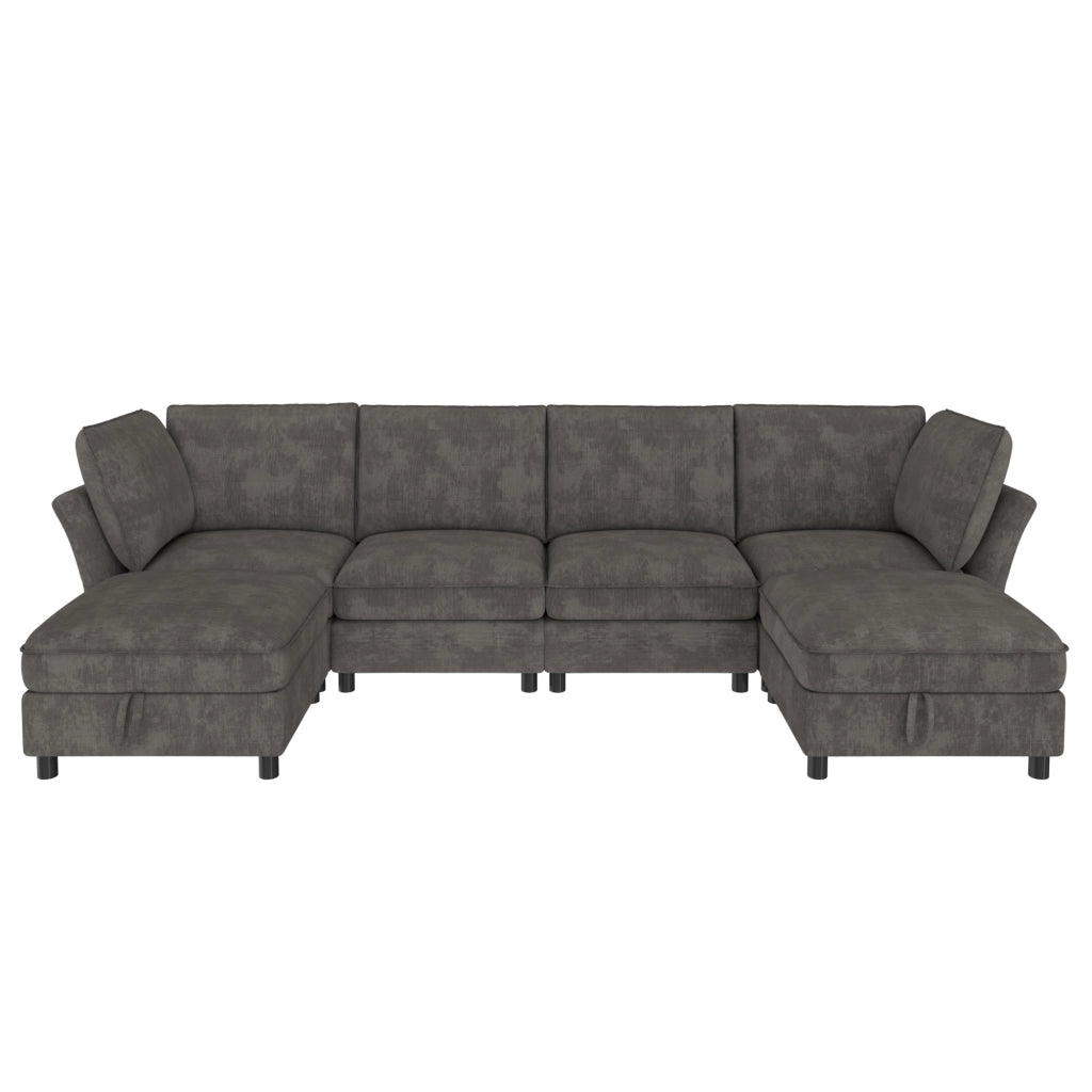 Divano modulare U 6 posti - con pouf contenitore e braccioli ergonomici - in chenille grigio