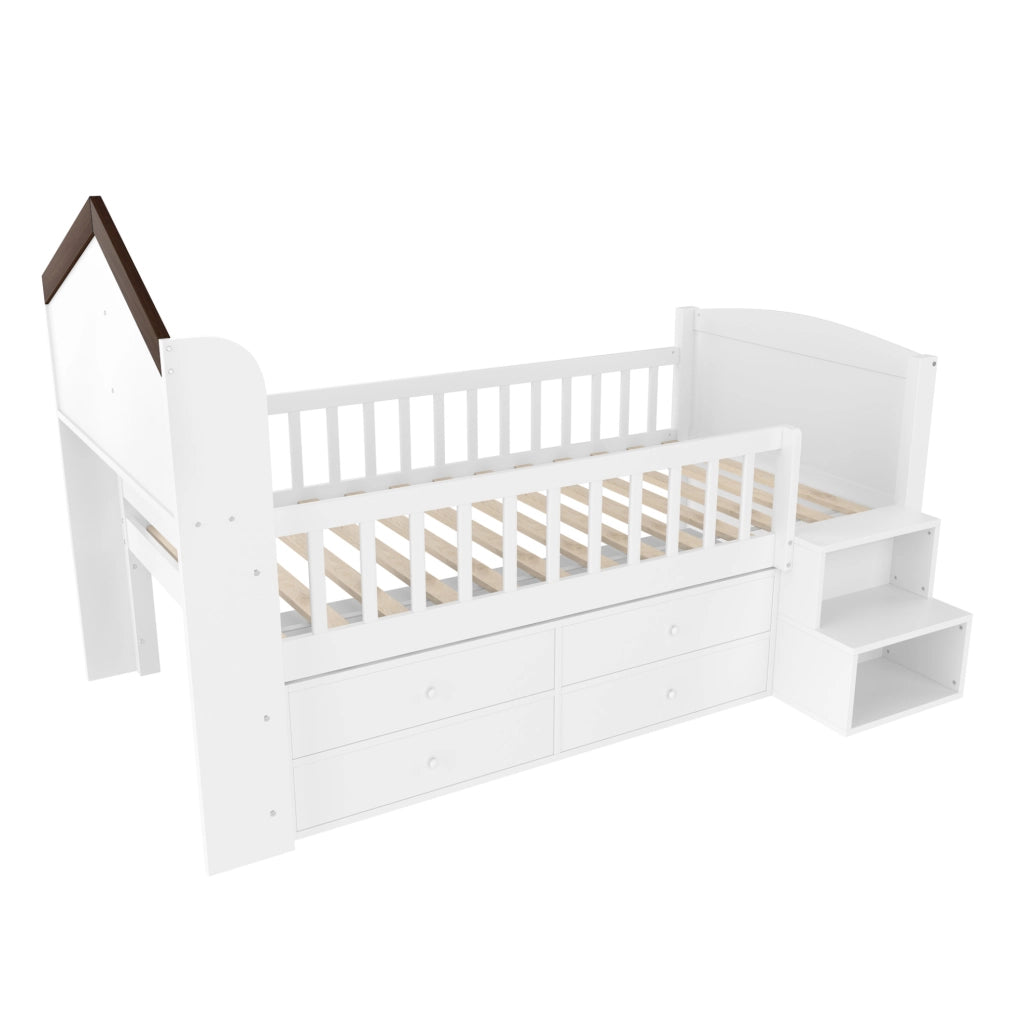 Letto a soppalco per bambini 90x200 cm, con forma casetta, 4 cassetti, LED integrato, scala con ripiani, bianco, senza materasso