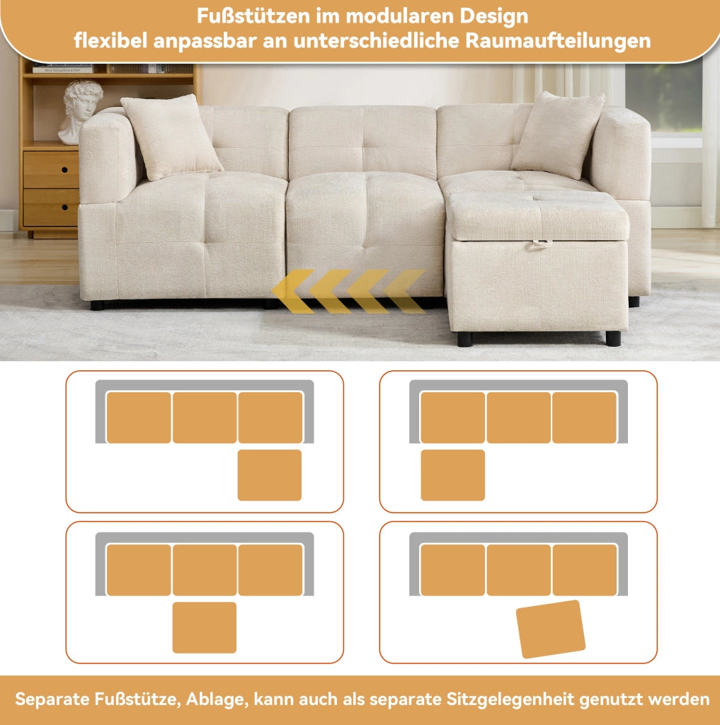 Divano modulare 3 posti in ciniglia beige con pouf contenitore