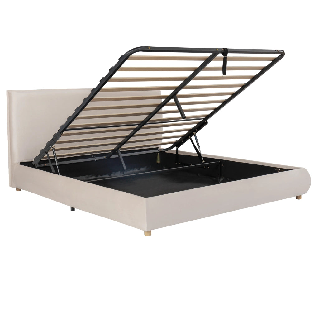 Letto matrimoniale 160 × 200 cm con contenitore idraulico e testiera imbottita, senza materasso, in velluto crema