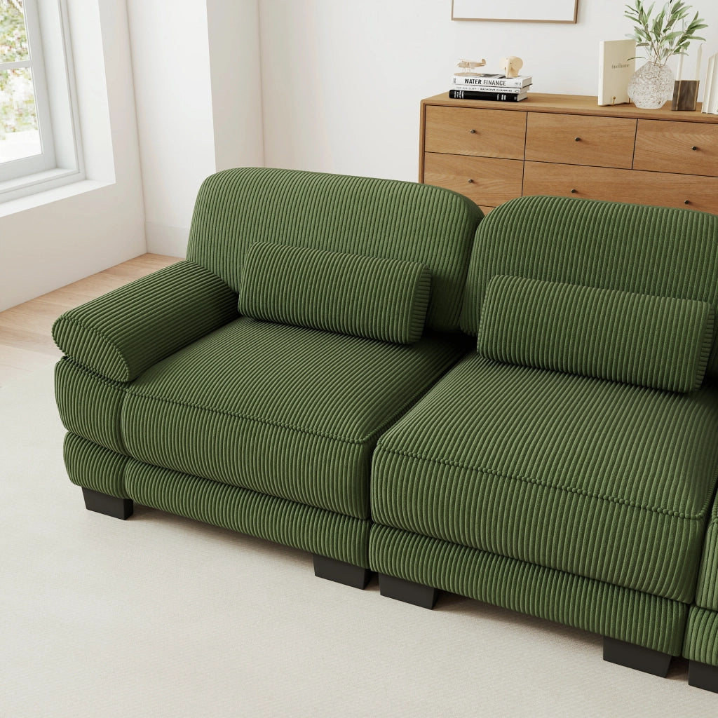 Divano modulare verde in velluto a coste; configurazione flessibile; 265 x 88;5 x 94 cm