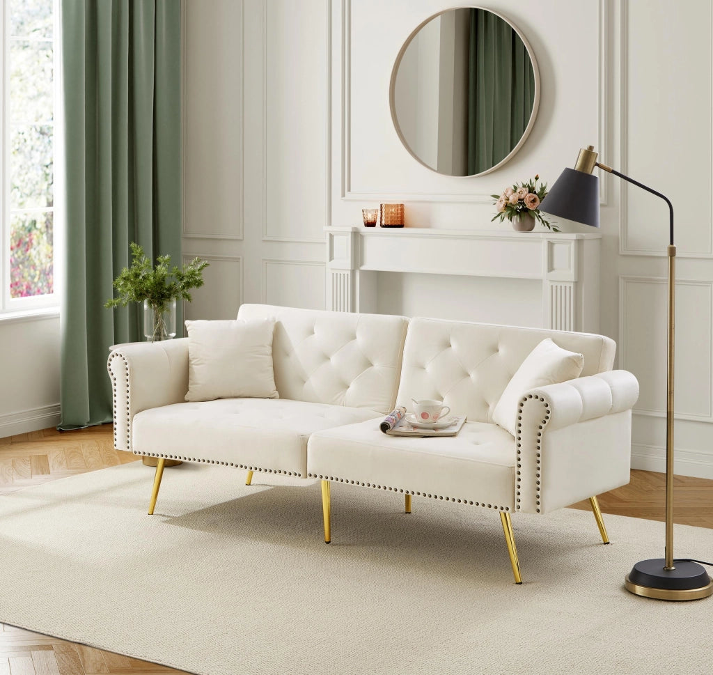 Divano letto 2 posti con doppio schienale regolabile in 3 posizioni e 2 cuscini, in velluto beige, 147 × 85 cm