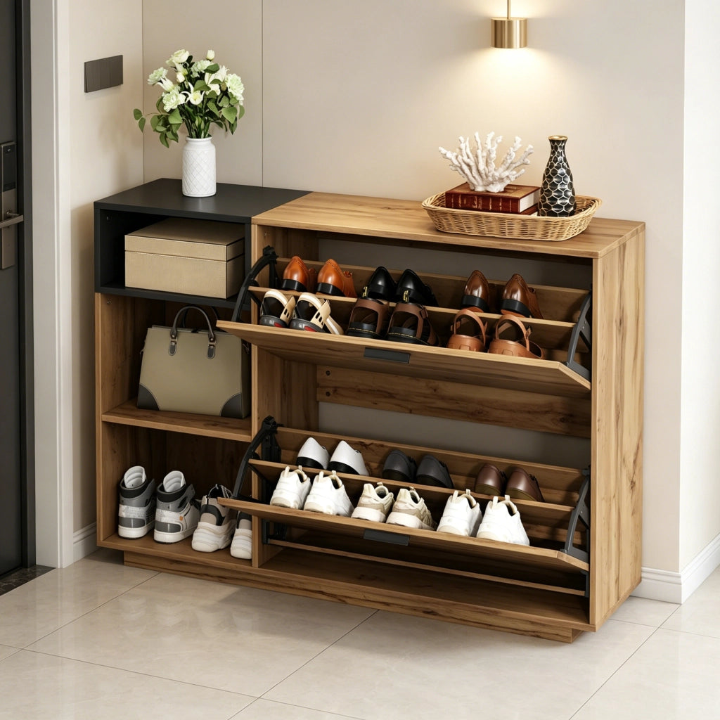 Scarpiera in MDF con 3 vani aperti e 2 scomparti a ribalta; 120 ¡Á 32 ¡Á 84;5 cm; naturale e nero
