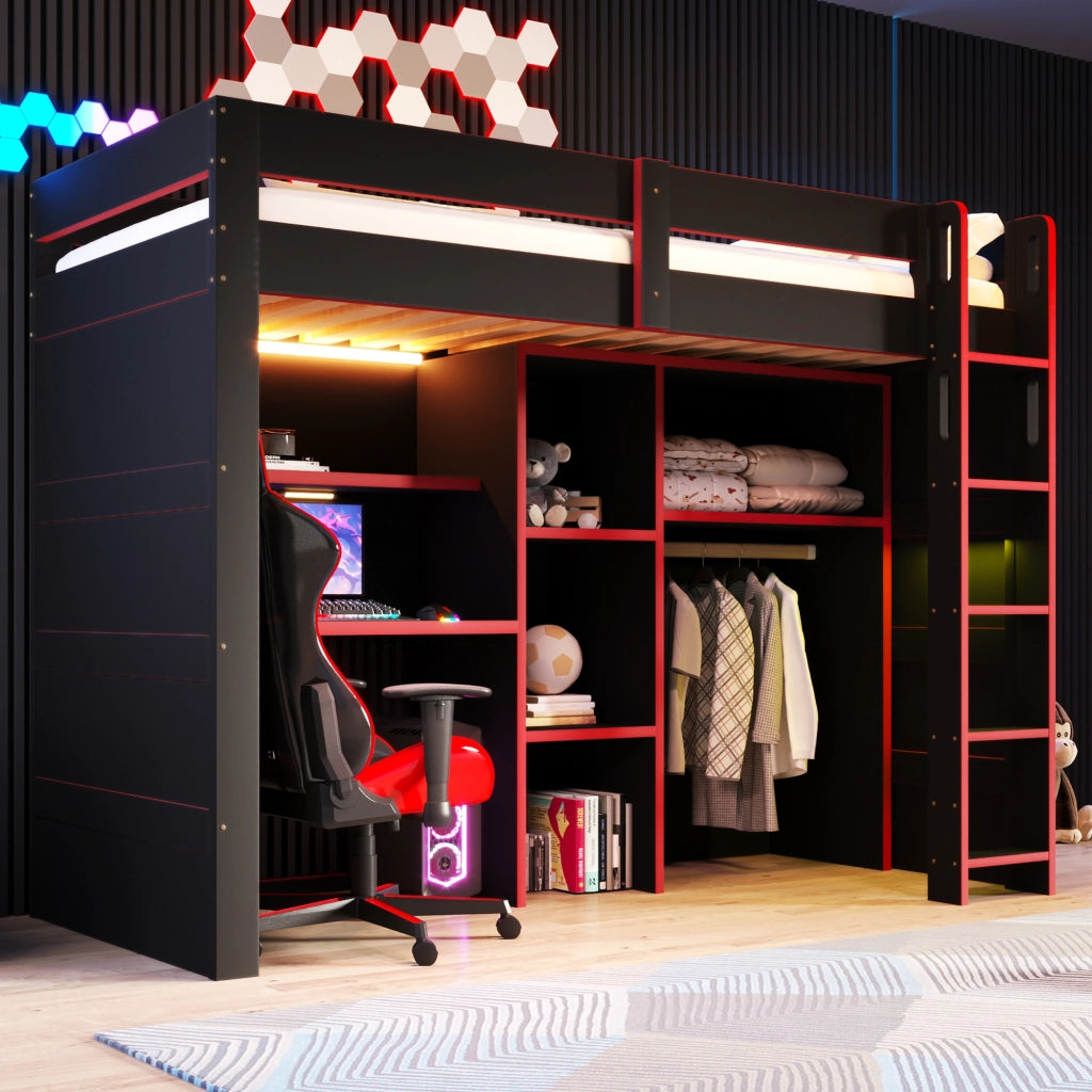 Letto a soppalco 90x200 cm con scrivania; armadio e LED; MDF e compensato nero e rosso