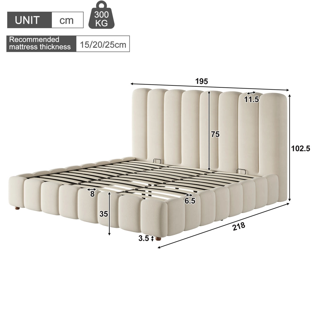 Letto matrimoniale imbottito ULEVR 180x200 cm con contenitore idraulico e rete a doghe, velluto beige
