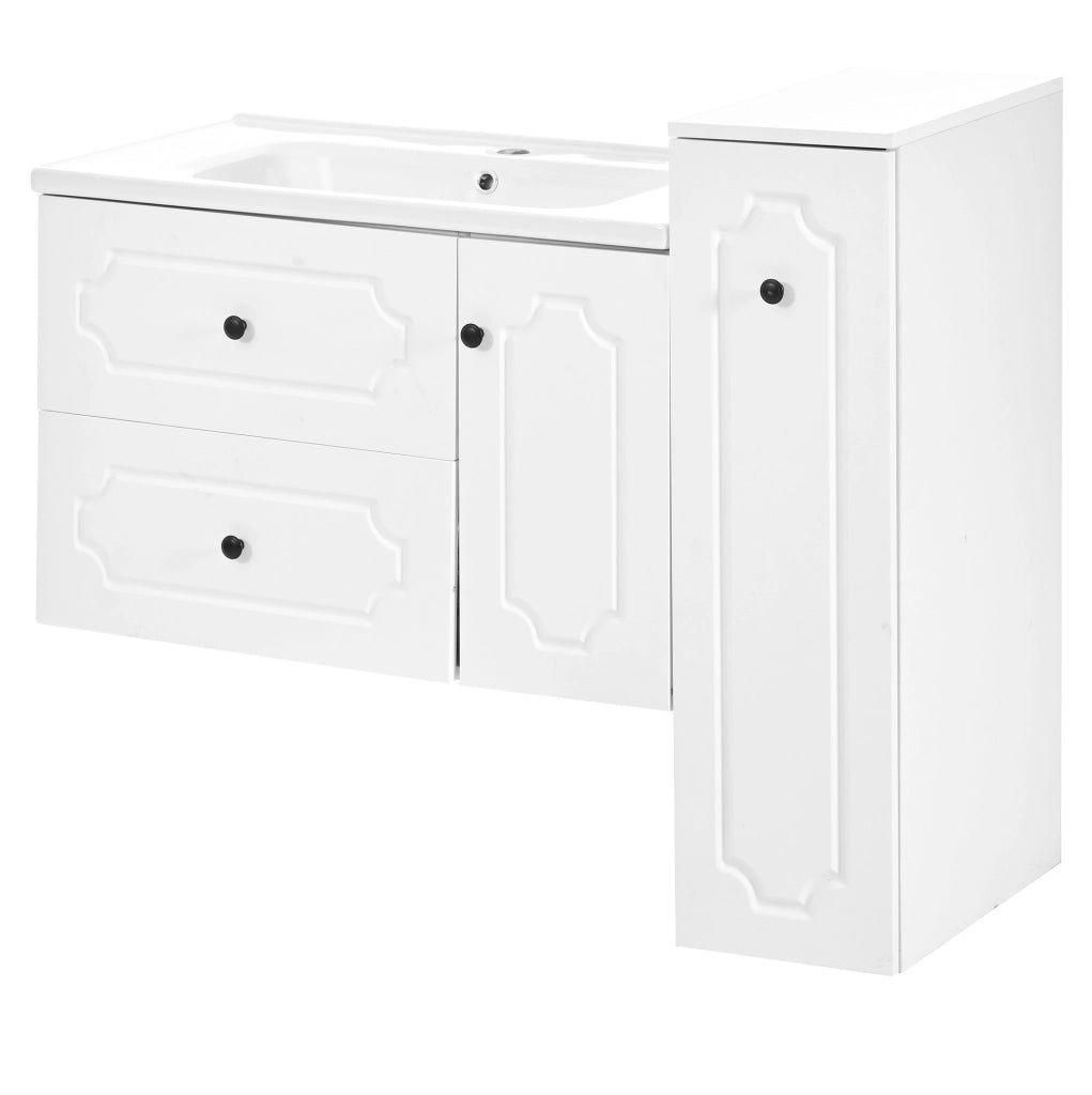 Set mobili bagno moderno 107 cm con lavabo in ceramica, 2 cassetti, mobile sottolavabo e colonna integrata bianco