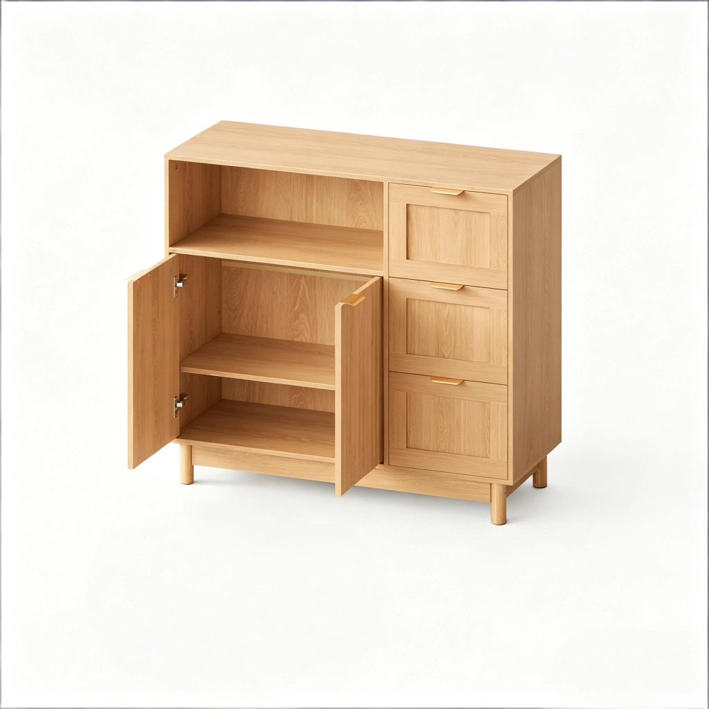 Credenza da cucina con vano aperto tre cassetti e ripiani regolabili in MDF e truciolato effetto legno 90 × 35 × 80 cm