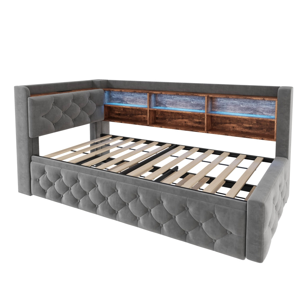Divano letto estraibile 90x190 cm in velluto grigio scuro con LED e USB