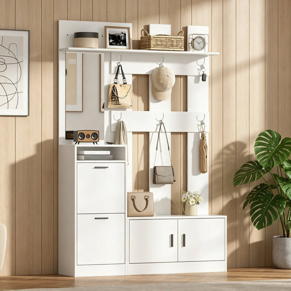 Guardaroba da ingresso con scarpiera a ribalta; specchio; sei ganci e panca in MDF bianco opaco 120 × 30 × 180 cm
