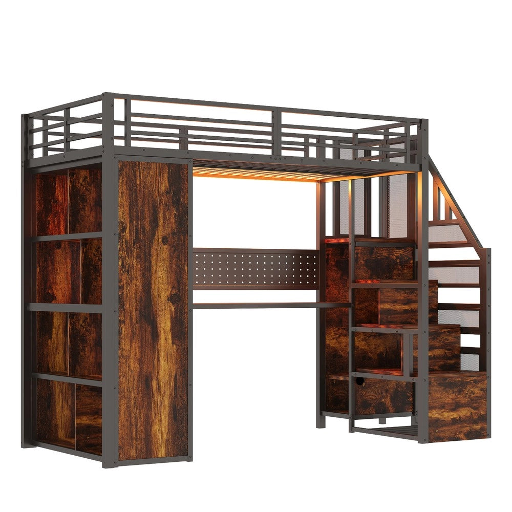 Letto a Soppalco con Scrivania, Armadio e LED ¨C MINIMAL ¨C 90x200, Metallo, Nero
