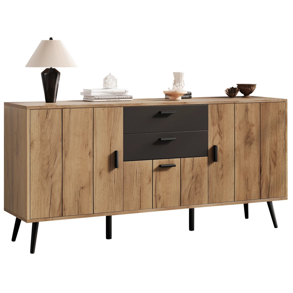 Mobile contenitore in MDF nero e legno con 2 cassetti e 3 ante, 140x35x67 cm