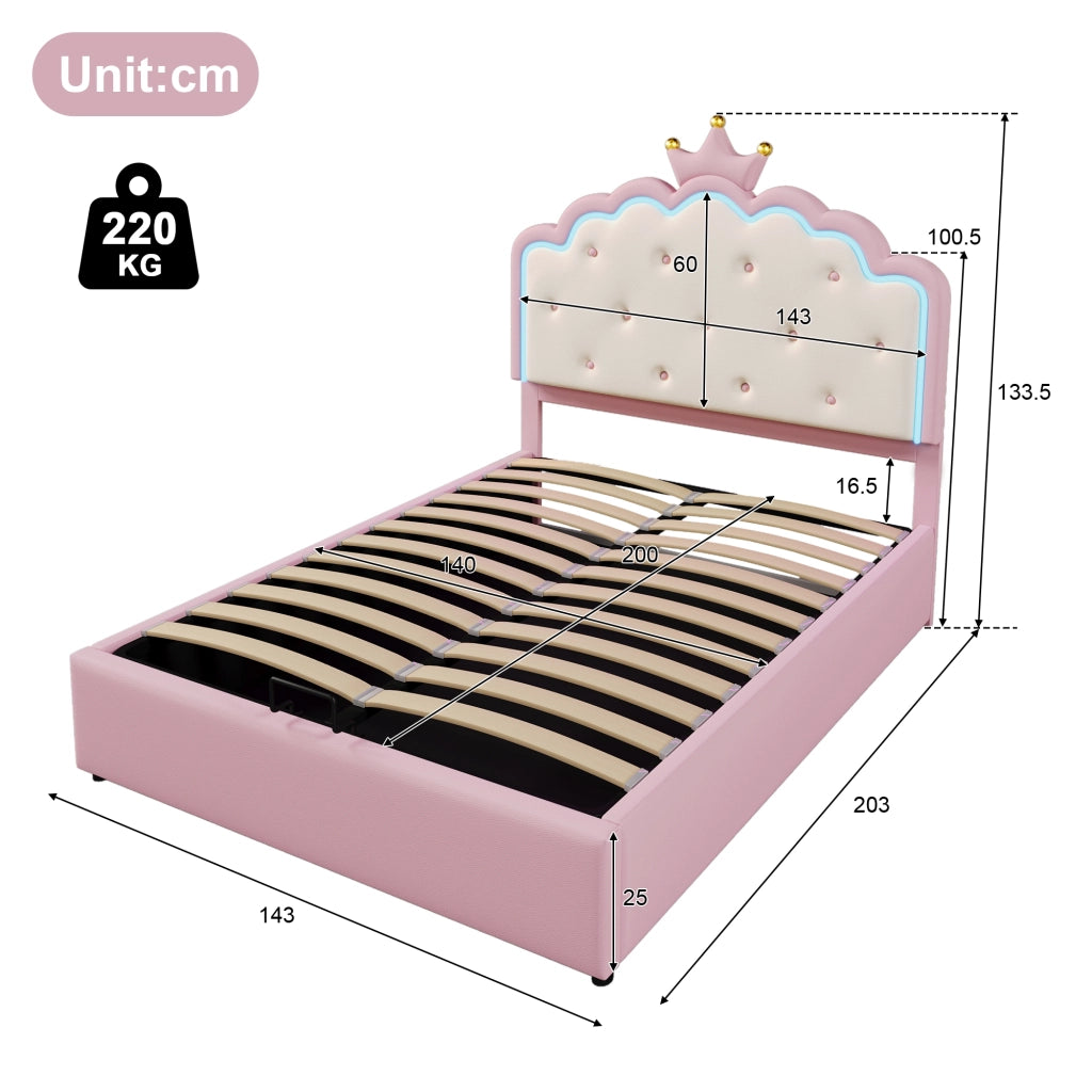 Letto Matrimoniale 140x200 cm; Letto con Contenitore; LED a Corona; in PU; Rosa