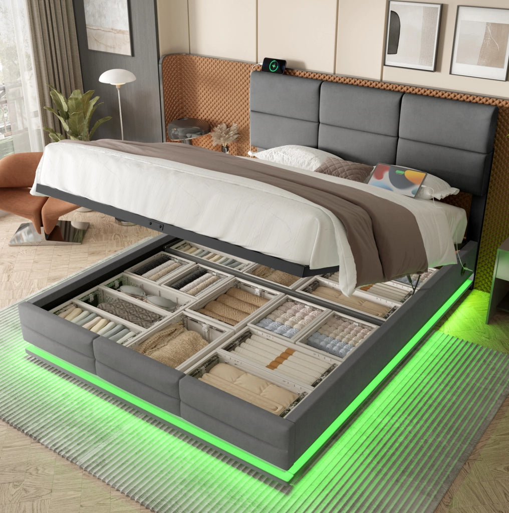 Letto matrimoniale 160x200 cm in velluto grigio scuro con testiera regolabile; LED e USB