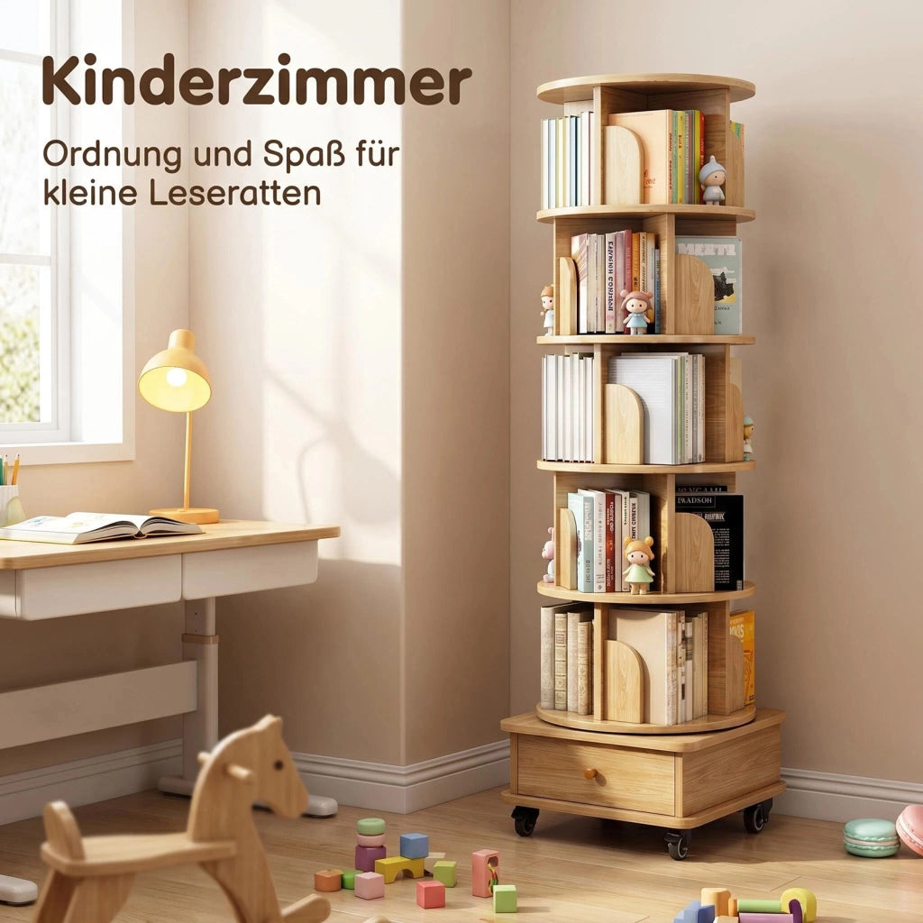 Libreria girevole 360° con rotelle e cassetto per piccoli spazi in MDF legno per soggiorno e camera da letto 58 × 56 × 29 cm