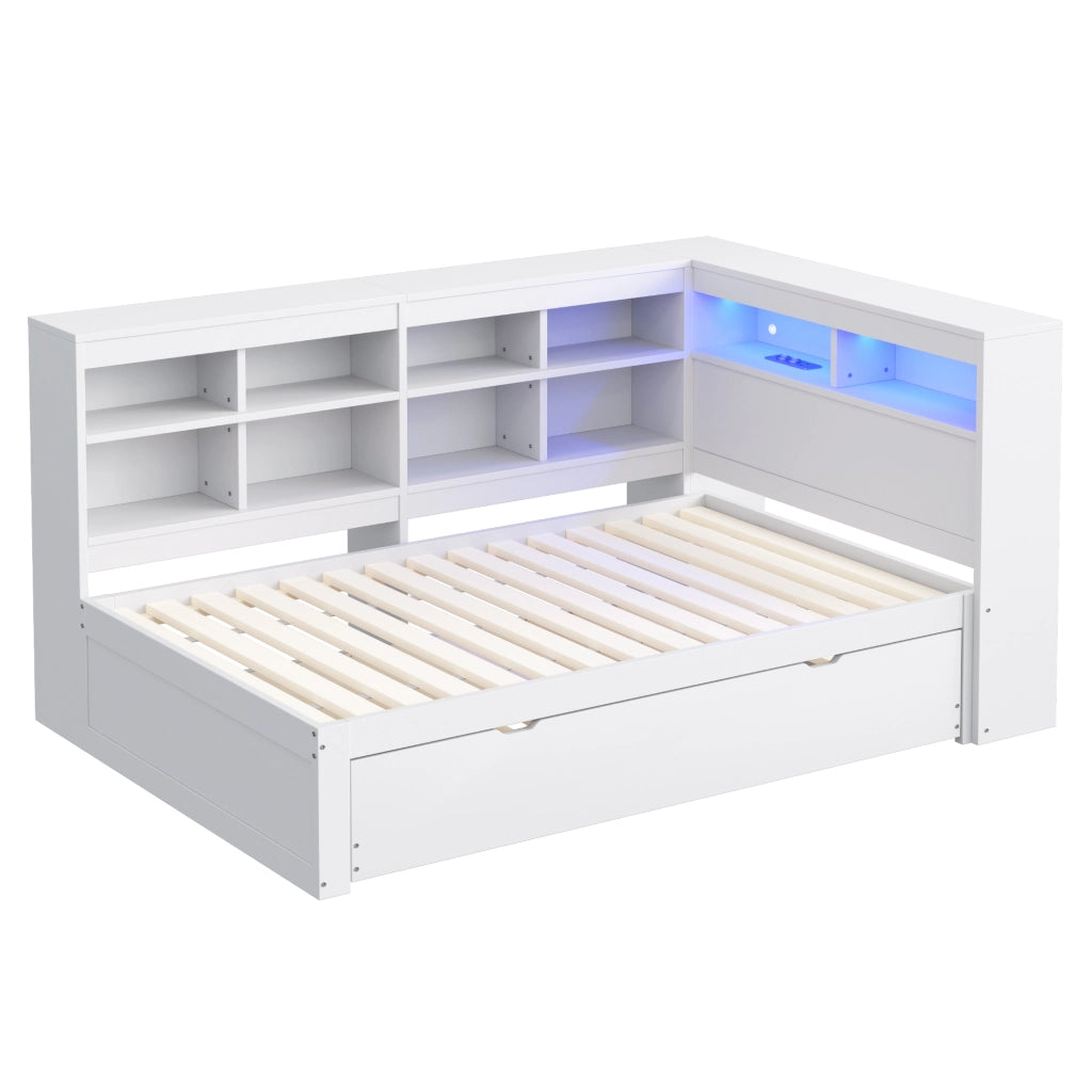 Letto singolo 90×200 cm con letto estraibile; USB; LED e ripiani; senza materasso; legno; bianco