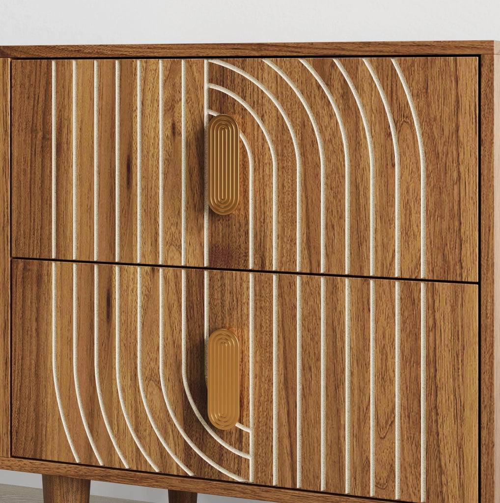Comodino Bohemien in impiallacciatura noce con 2 cassetti e design geometrico a linee incise