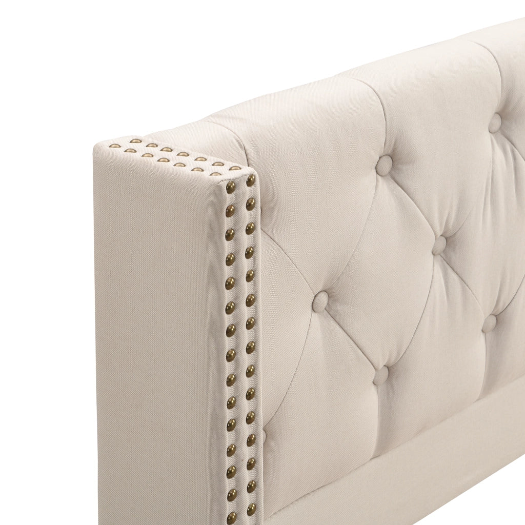 Letto matrimoniale imbottito in lino 140 x 190 cm, letto matrimoniale, testiera trapuntata a bottoni e borchie decorative, piedi in legno, beige