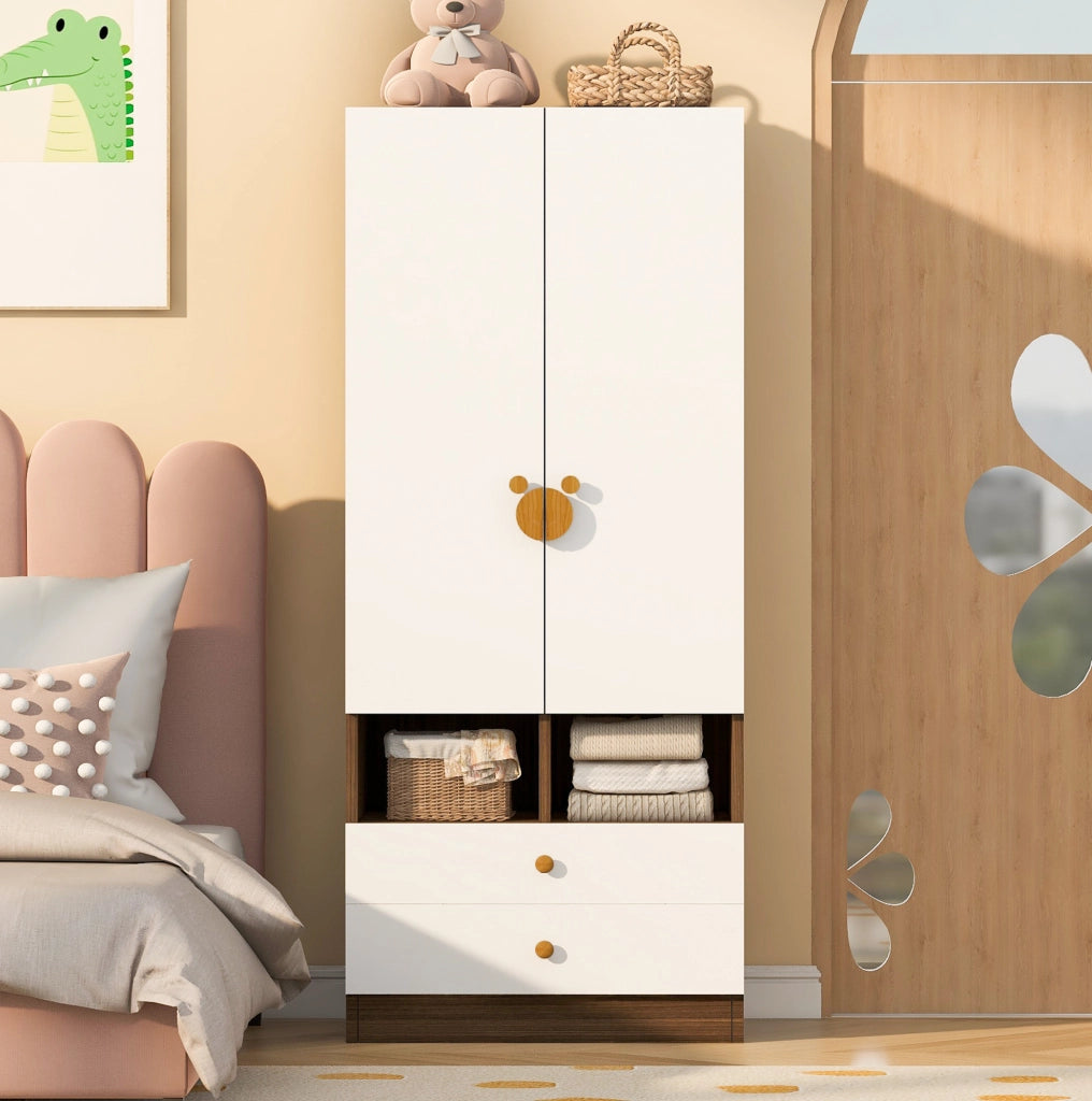 Armadio Singolo 70x50x170 cm con 2 Cassetti, Maniglie Cartoon e Piccole Mensole, Colore Legno
