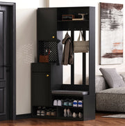 Set guardaroba con panca imbottita, 4 ganci, ante e cassetti, MDF nero, 100×180×35 cm